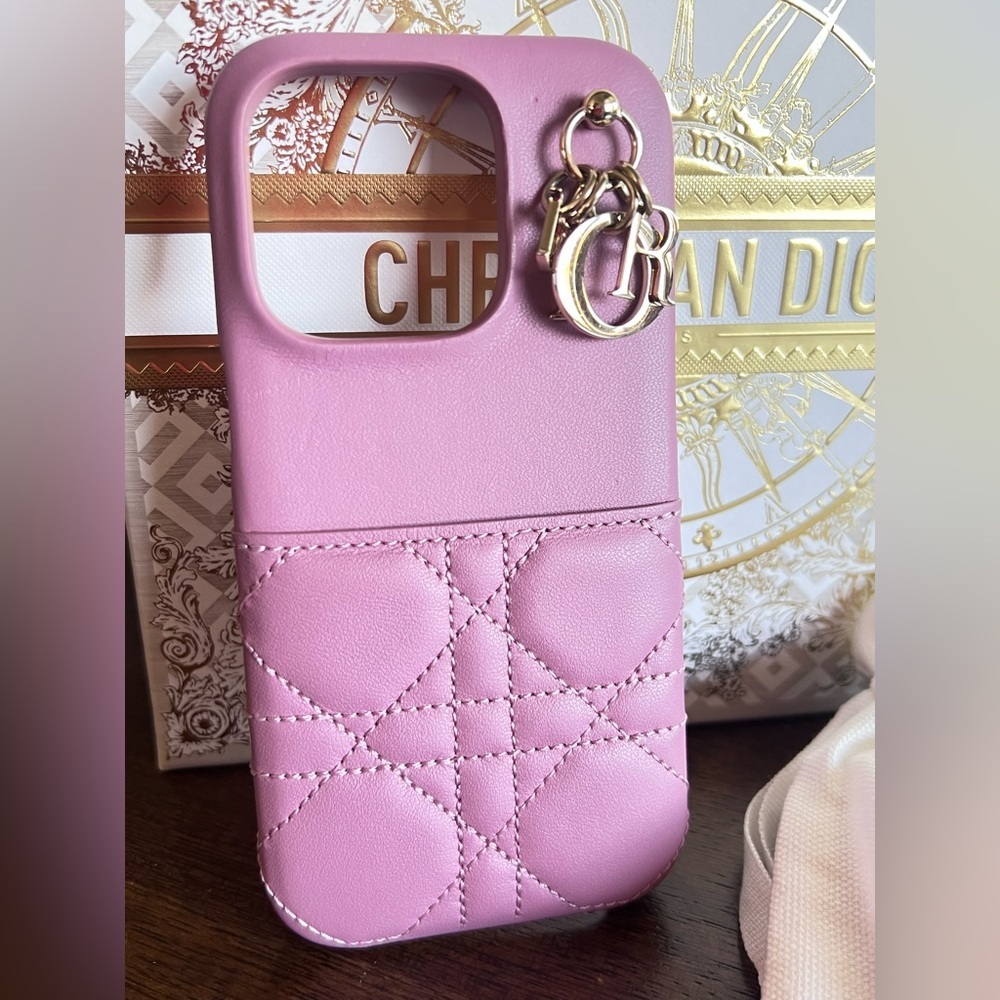 EUC Lady DIOR IPhone 14 Pro Case Pink Leather Charms Pocket Suede Lined Interior